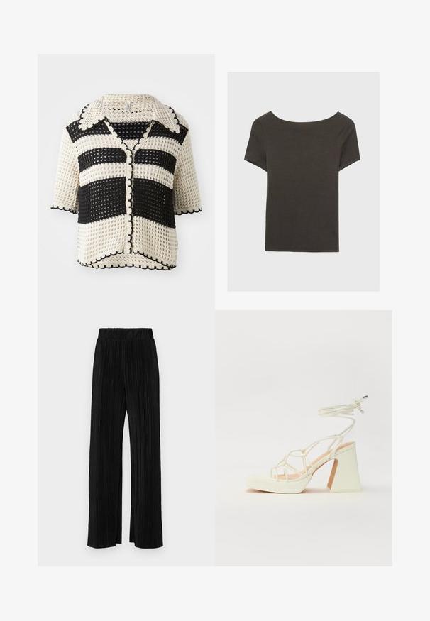 Crna i krem prugasta kukičana kardigan s ovratnikom, kratkim rukavima, valovitim rubovima i prednjim zatvaranjem na dugmad. Teksturirani pleteni uzorak.; Tamno sivi kratki rukav s izrezom u obliku čamca. Izrađen od rebrastog materijala, s opuštenim krojem i ravnim rubom. Jednostavan dizajn, bez uzoraka.; Crne plisirane hlače s elastičnim pojasom. Imaju široke nogavice i glatku, teksturiranu tkaninu s vertikalnim prugama.; Bijela sandala na visokoj potpetici s debelim petom, s remenom i vezanjem oko gležnja. Glatka tekstura s platformom sprijeda za dodatnu visinu.
