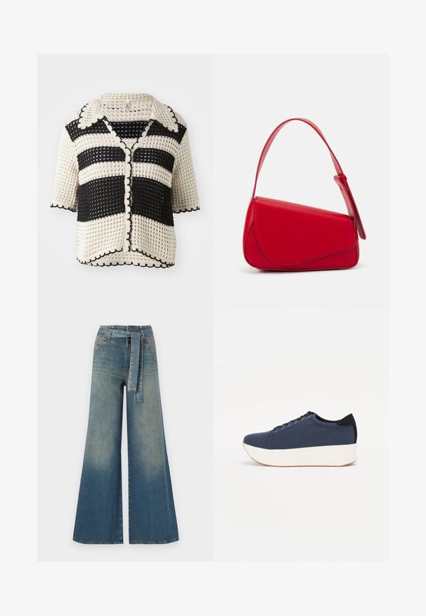 Cardigan au crochet noir et crème à rayures, avec un col, des manches courtes, des bords festonnés et une fermeture avant à boutons. Motif de tricot texturé.; Débardeur blanc sans manches en tissu côtelé, doté d'un col rond et d'une silhouette ajustée, avec des coutures minimales et sans ornements.; Pantalons en denim à jambe large présentant un dégradé de bleu clair à bleu foncé, taille haute, passants de ceinture et une ceinture en tissu assortie. Finition en denim texturé.; Baskets bleu marine avec un upper en tissu texturé, semelle plateforme blanche, bout arrondi et accent noir au talon. Dispose de six œillets pour les lacets.; Sac à main en cuir rouge avec un design angulaire et géométrique. Il dispose d'une seule sangle ajustable et d'une fermeture à rabat avec un detailing cousu.