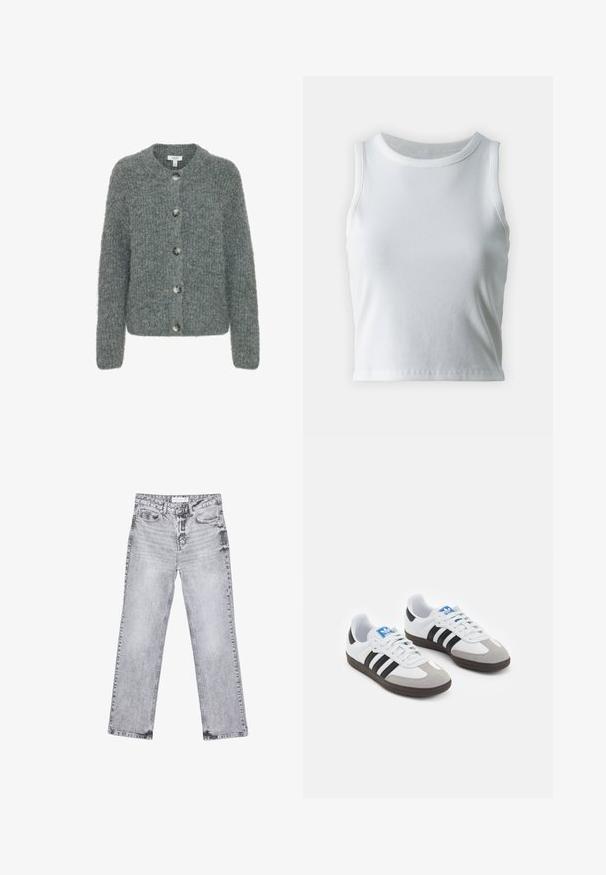 Szary, dziany kardigan z okrągłym dekoltem, pięcioma guzikami, długimi rękawami i teksturowanym wykończeniem. Miękka tkanina o prostokątnej formie.; Biała, prążkowana koszulka na ramiączkach z okrągłym dekoltem i bez rękawów, z prostym dołem i gładką, elastyczną teksturą.; Szare dżinsy o prostym kroju nogawki, z przetarciami, pięcioma kieszeniami i miedzianymi nitami. Pasek w talii posiada metkę z logo.; Buty sportowe z białą skórzaną cholewką, szarym zamszowym noskiem i trzema czarnymi paskami. Posiadają niebieskie logo na języku oraz teksturowaną gumową podeszwę.