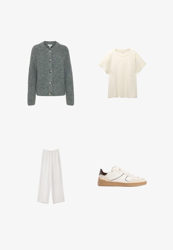 Harmaa neulottu villatakki, jossa on pyöreä kaula-aukko, viisi nappia, pitkät hihat ja teksturoitu pinta. Pehmeää kangasta, laatikkomainen malli.; Vaaleanbeige lyhythihainen t-paita, jossa on pyöreä kaula-aukko, valmistettu pehmeästä ja sileästä kankaasta. Ominaisuuksina rento mitta ja suora helma.; Valkoiset leveälahkeiset housut kevyestä kankaasta. Ominaisuuksiin kuuluu elastinen vyötärö, jossa on nauhakuuluma ja sivutaskut. Sileä rakenne.; Stradivarius Matalavartiset tennarit - white
