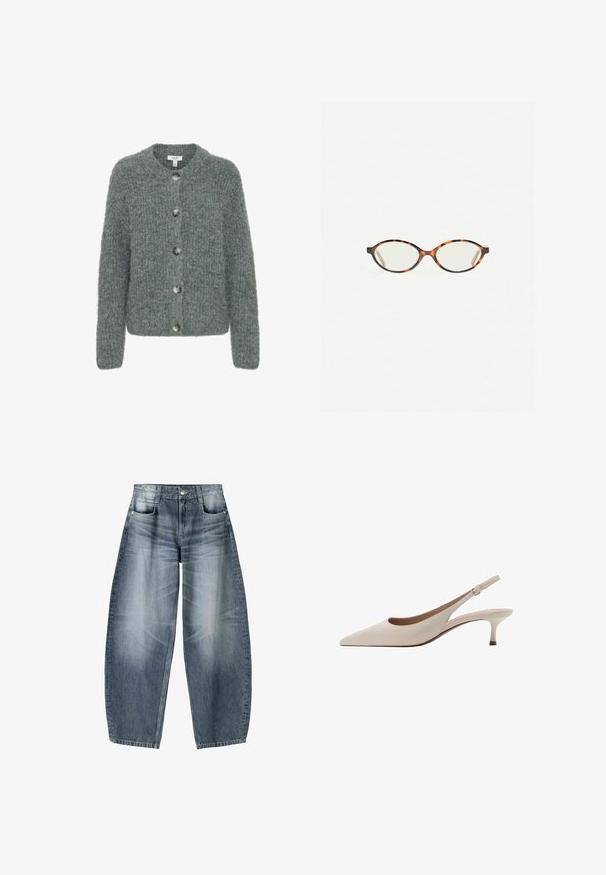 Siv opletan kardigan z okroglim izrezom, petimi gumbi, dolgimi rokavi in teksturirano površino. Mehak material z kvadratnim krojem.; Bela dolga majica za ženske z čolnastim izrezom, nagubanim pasom in rahlo prilegajočo silhueto.; Široke kavbojke iz svetlo modrega denima s postopnim zbledeljem, z zasnovo petih žepov, gumbom za zapiranje in minimalnimi podrobnostmi šivanja.; Bež sandale s peto, ki se zavezuje za peto, z izostrenim nosom in nizko, razširjeno peto. Narejene iz gladke usnje z minimalisticnim dizajnom in prilagodljivo zanko.; Kornjačaste očala z ovalnimi lečami in gladko, sijočo površino. Imajo tanke stranice z rahlim ovinkom na templjih. Prosojne leče.