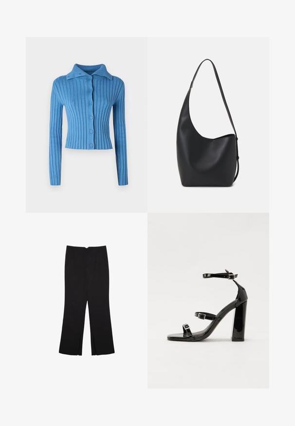 Modrý rebrovaný kardigán s golierom, dlhými rukávmi a gombíkovým zapínaním vpredu. Textúrovaná tkanina s vertikálnymi pruhmi.; Čierne krátke tričko s krátkym rukávom, krátkym strihom, okrúhlym výstrihom a jednoduchým dizajnom, položené na bielom pozadí.; Čierne nohavice so strihom rovného strihu, s prednými vreckami a bočnými rozparkami na leme. Vyrobené z mäkkej, hladkej tkaniny. Vhodné na rôzne príležitosti.; Čierne lakované sandále na podpätku so štvorcovou špičkou, navlečenými remienkami okolo členku a striebornými prackami. Disponujú masívnym blokovým podpätkom pre stabilitu.; Čierna kožená hobo taška so hladkou textúrou, zakriveným tvarom a jedným nastaviteľným popruhom; má široké otvorenie na vrchu.