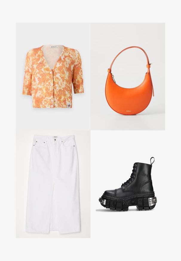Virkat blommig kardigan med ett mönster i orange och krämfärgad, V-hals, korta ärmar, fem-knappar stängning och ribbad textur.; Jeanskort topp med dragkedja fram, rundad sömdetaljering och ett upprepat mönster av halvmånar i ljusblått på en mörkblå bas.; Vit denimkjol med slits fram, femfickorsdesign, metallknapp och dragkedjestängning samt sydda kantdetaljer.; Svart läderkampskor med hög topp, rund tå, tjock strukturerad sula, silverdetaljer och ett distinkt mönster på sulan.; Orange läderhandväska med halvmåneform, smal rem och guldiga detaljer. Har dragkedjestängning och präglat varumärke på framsidan.