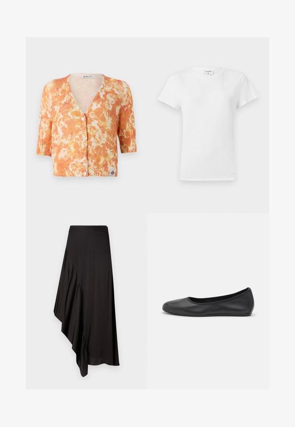 Sweter z dzianiny w kwiatowy wzór, z pomarańczowo-kremowym motywem, dekoltem w serek, krótkimi rękawami, pięcioma guzikami z przodu oraz prążkowanym wykończeniem.; Biała bawełniana koszulka z okrągłym dekoltem i krótkim rękawem, o luźnym kroju i minimalistycznym designie. Metka widoczna na szyi.; AERON ASTER czarny; Czarne skórzane baletki z zaokrąglonym noskiem, gładką fakturą, minimalnymi przeszyciami i elastycznym designem podeszwy.