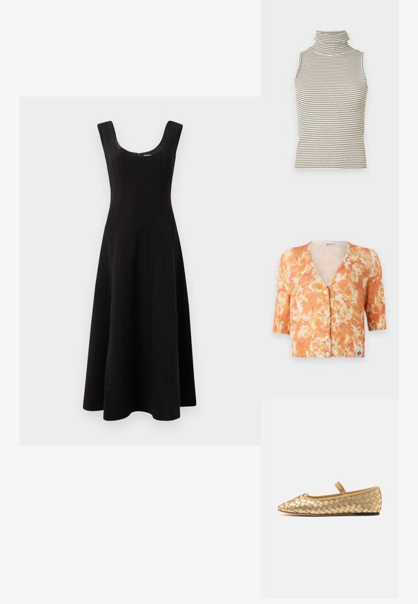 Gilet en maille à fleurs avec un motif orange et crème, décolleté en V, manches courtes, fermeture à cinq boutons et texture côtelée.; Débardeur col roulé sans manches avec des rayures verticales noires et blanches, fabriqué en tissu tricoté texturé, présentant un col haut et ajusté.; Robe noire avec un décolleté rond, sans manches et une silhouette évasée en A. Présente des coutures verticales pour plus de structure.; Loeffler Randall LEONIE SOFT BALLET FLAT - Babies - gold; Sac en cuir marron à bandoulière avec un rabat incurvé, des embellissements en or, et un logo décoratif. La sangle est ajustable et présente une texture lisse.