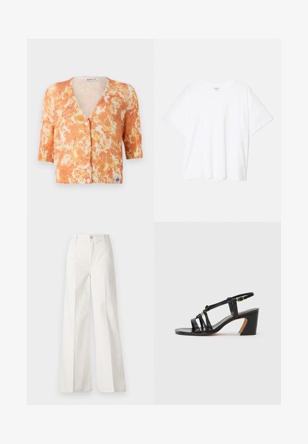 Knitted floral cardigan featuring an orange and cream pattern, V-neckline, short sleeves, five button closure, and ribbed texture.; White cotton t-shirt with short sleeves, round neckline, relaxed fit, and stitched hem. Label visible on the inside neck.; White wide-leg trousers made from cotton with a smooth texture. Features a front button, zipper fly, and four-pocket design.; Paul Smith AMIRA - Classic heels - black