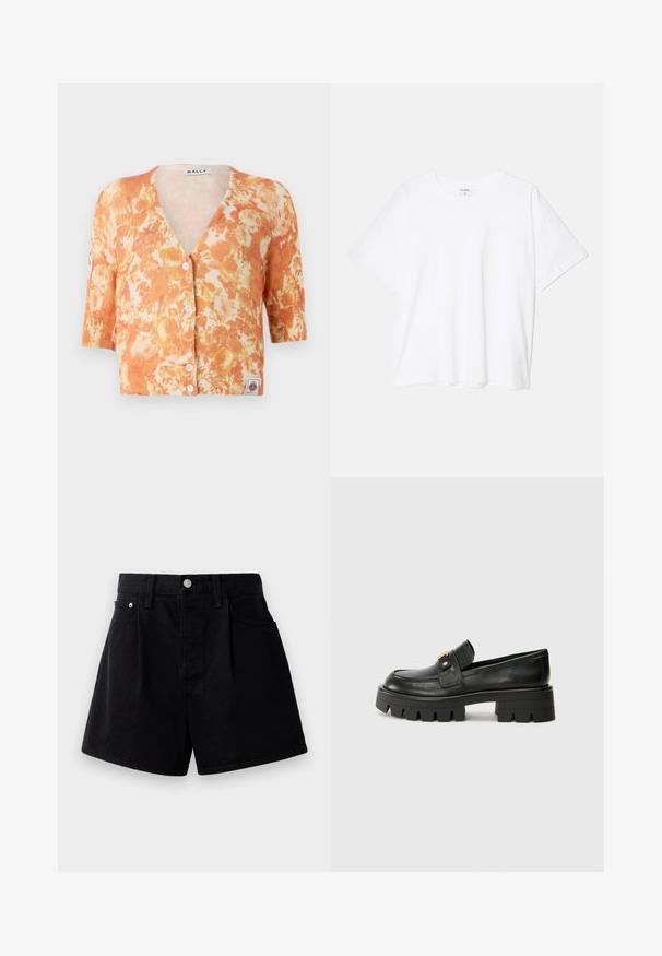 Knitted floral cardigan featuring an orange and cream pattern, V-neckline, short sleeves, five button closure, and ribbed texture.; White cotton t-shirt with short sleeves, round neckline, relaxed fit, and stitched hem. Label visible on the inside neck.; Black denim shorts with a straight cut, featuring a button closure, two front pockets, and a soft, textured fabric.; Black leather loafers with a chunky sole, featuring a gold-tone accent on the front and a smooth finish. Chunky tread design on the sole.