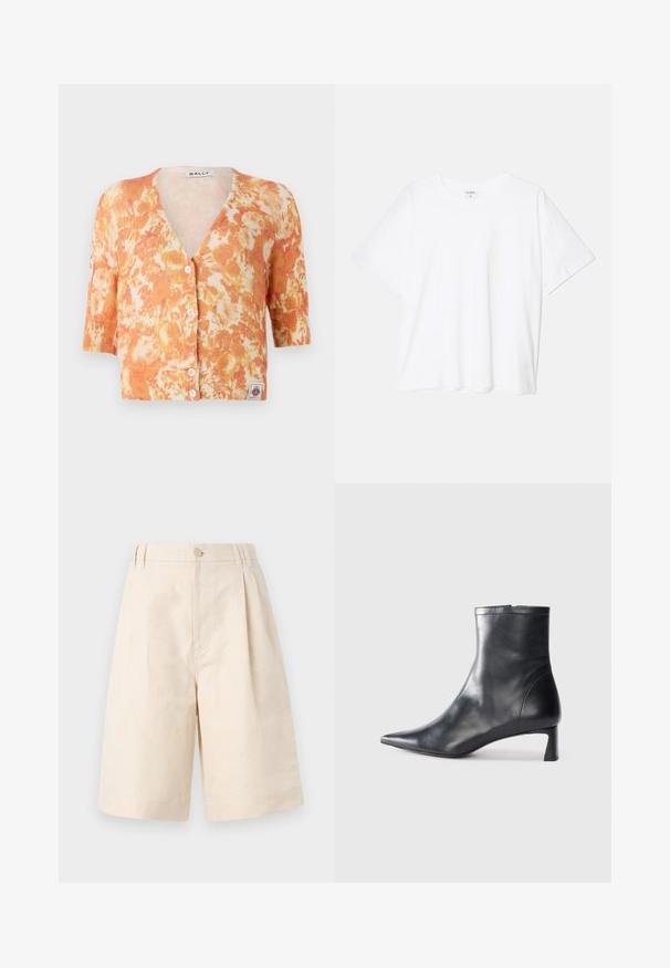 Pletený květinový kardigan s oranžovým a krémovým vzorem, V-výstřihem, krátkými rukávy, zapínáním na pět knoflíků a žebrovanou texturou.; Bílý bavlněný tričko s krátkým rukávem, kulatým výstřihem, volným střihem a šitým lemem. Nálepka viditelná na vnitřní straně výstřihu.; Béžové lněné šortky s uvolněným střihem, opatřené zapínáním na knoflíky, plisovaným designem a délka ke kolenům. Hladká textura a jednoduchý styl.; Černé kožené kotníkové boty s špičatou špičkou a elegantním designem. Mají nízký podpatek a zipové zapínání na zadní straně. Hladká textura.