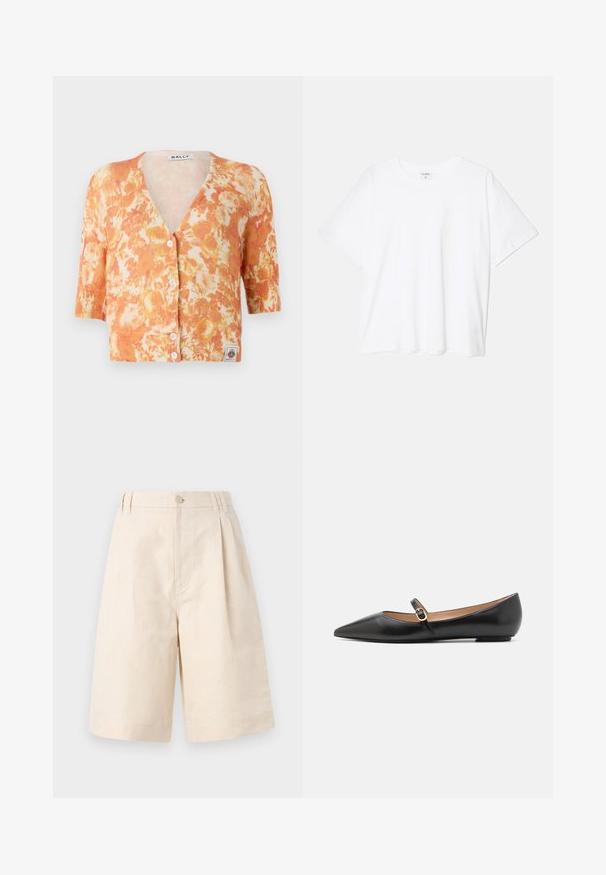 Pletený kvetinový kardigán s oranžovým a krémovým vzorom, V-řez, krátke rukávy, zapínanie na päť gombíkov a rebrovaná textúra.; Biely bavlnený tričko s krátkymi rukávmi, okrúhlym výstrihom, voľným strihom a prešitým lemom. Štítok viditeľný na vnútornom krku.; Béžové ľanové šortky so voľným strihom, s gombíkovým zapínaním, s plisovaným dizajnom a dĺžkou po kolená. Hladká textúra a jednoduchý štýl.; Čierne kožené baletky s špicatou špičkou a bočným remienkom s kruhovým zlatým akcentom. Ľahké s plochou podrážkou.
