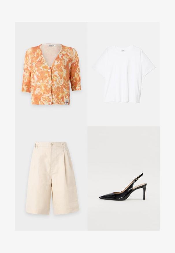 Pintažinė gėlių megztinė, turinti oranžinį ir kremą raštą, V formos iškirpimą, trumpas rankoves, penkis mygtukus ir rilifuotą tekstūrą.; Balta medvilnės marškinėliai trumpomis rankovėmis, apvalia iškirpte, laisvo kirpimo ir su siūtu kraštu. Etiketė matoma vidinėje iškirptės pusėje.; Šviesiai rudų lino šortai su laisvu kirpimu, su mygtukų uždarymu, klostuotais raštais ir kelio ilgio kirpimu. Lygus audinys ir paprastas stilius.; Juodas lakinės odos slingback batelis su smailiu nosiu, plonu kulnu ir subtiliu išpjovos dizainu. Yra auksinė sagtis ant dirželio.