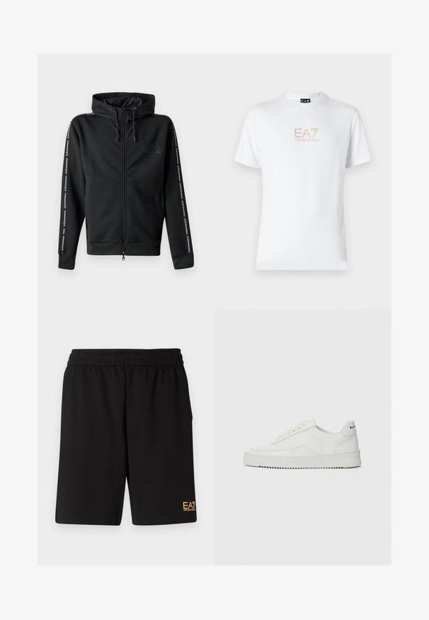 Čierna mikina s kapucňou na zips, s šnúrkou na kapucni, s logom na hrudi a vzorovaným pásom po rukávoch. Vyrobená z hladkej tkaniny s uvoľneným strihom.; Biela bavlnená tričko s okrúhlym výstrihom a krátkymi rukávmi, na prednej strane s potlačou zlatého loga EA7 Emporio Armani.; Čierne športové šortky vyrobené z jemného materiálu, s elastickým pásom a malým žltým logom EA7 na dolnej ľavej nohe.; Biele kožené tenisky s hladkým povrchom, okrúly špičkový dizajn, ploché šnúrky a textúrovaná podrážka. Obsahujú jemné logo na päte.