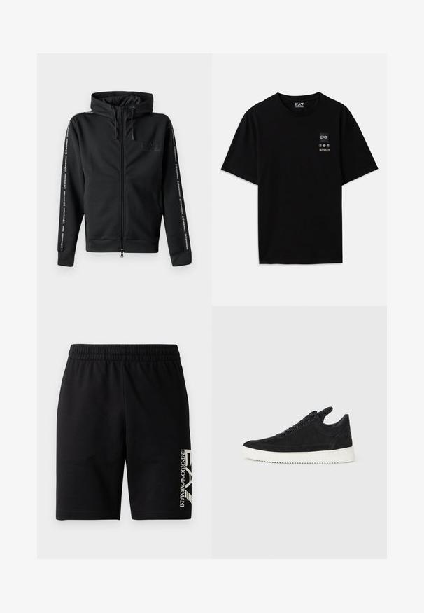 Svart zip-up hettegenser med snorhette, med logo på brystet og mønstrete tape nedover ermene. Laget av glatt stoff med en avslappet passform.; Svart bomulls t-skjorte med kort erm, rund hals og et lite logo-merke foran med pleiesymboler i hvitt.; EA7 Emporio Armani TRAIN VISIBILITY - Shorts - black/cream; Sorte semskede sneakers med hvit gummisåle, med tonale sømmer og snøring. Glatt tekstur med en moderne, strømlinjeformet form.