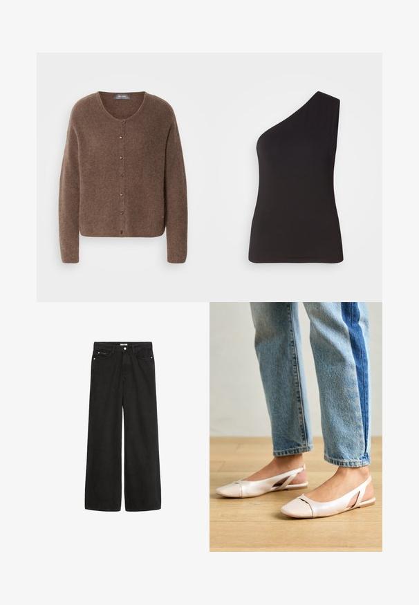 Brązowy kardigan wykonany z miękkiego materiału o fakturze, z okrągłym dekoltem, zapinany na guziki z przodu i z długimi rękawami.; Jedno-ramię czarny top wykonany z miękkiego, elastycznego materiału; dopasowany krój o smukłej sylwetce i gładkiej fakturze. Brak widocznych zdobień.; Szerokie czarne dżinsy o wysokim stanie. Posiadają pięć kieszeni, metalowe elementy i czyste wykończenie. Tekstura jest gładka i miękka.; Jasnoróżowe baleriny na odkrytej pięcie z wąskim noskiem, wykonane z gładkiego materiału imitującego skórę. Posiadają wycięcia po bokach oraz płaski obcas.
