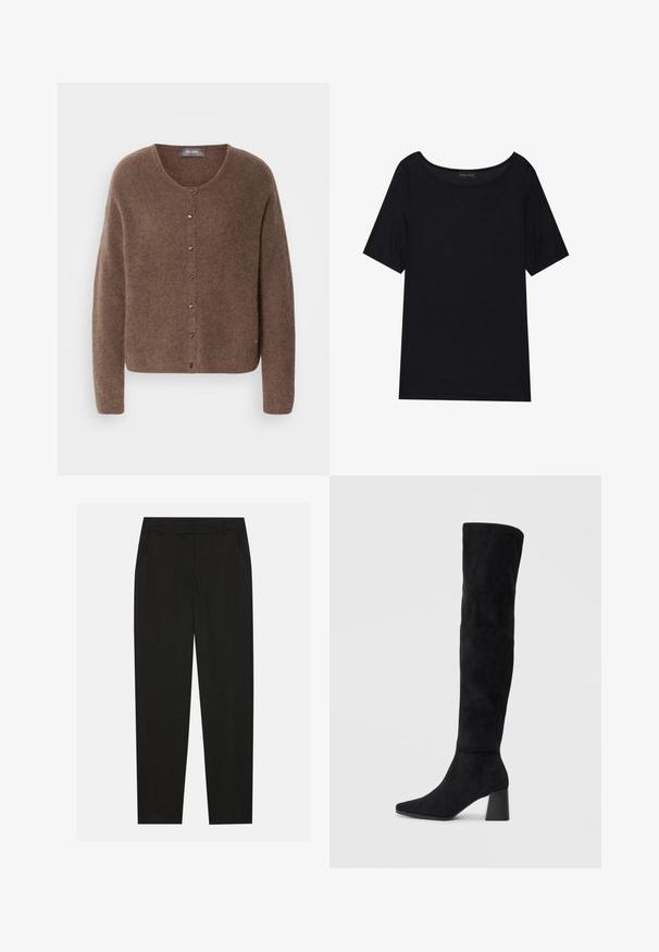 Brun cardigan laget av mykt teksturert materiale, med rund halslinning, knappelukking foran og lange ermer.; Svart kortermet T-skjorte med bred hals. Laget av mykt, lett stoff. Enkel design uten mønstre eller detaljer.; Sorte bukser med skreddersydd design, med sidelommer og rett ben. Laget av glatt, lett stoff med en elegant finish.; Sorte semskede knelang støvel med blokk-heelsk, spiss tå og glatt, sømløst design på en ensfarget lys bakgrunn.
