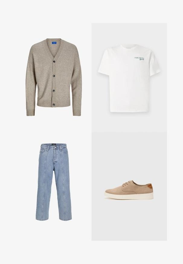 Cardigan lavorato a maglia beige con scollo a V, chiusura con bottoni e polsini a coste. Realizzato in materiale morbido, presenta una finitura texturizzata.; T-shirt bianco in cotone con colletto rotondo. La parte anteriore presenta un testo verde: "PARK MOTEL Resort." Maniche corte e vestibilità comoda. Tessuto morbido.; Jeans in denim blu chiaro con una vestibilità ampia, gambe larghe e dettagli di cucitura visibili. Presenta una chiusura con bottone e zip, cinque tasche.; Sneaker in suede beige con punta arrotondata, stringhe davanti e un accento testurizzato sul retro. La suola in gomma bianca offre un contrasto. Design semplice e moderno.