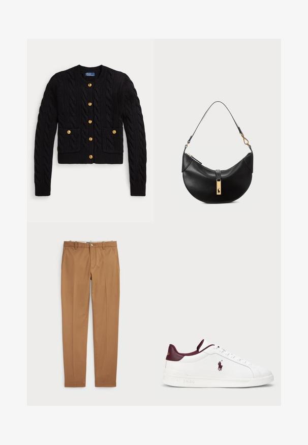 Juodas megztas kardiganas su pynimo raštu, su penkiais auksiniais mygtukais ir dviem priekinėmis kišenėmis. Ribbintu apačia ir rankogaliais.; Balta medvilninė marškinėliai su pieštuku lokiu juodu paltu ir kepure, geltonu megztiniu ir juodais batais. Pridėtas tekstas "Polo Bear by Ralph Lauren".; Rudos medvilnės kelnes su siauru siluetu, lygiu priekiu ir standartinėmis kišenėmis; sklandžios tekstūros ir apkarpytais rankogaliais.; Balti odiniai sportbačiai su bordo akcentais, apvaliu priekiniu skyriumi, iškilmingu logotipu ir lygiomis raištelėmis. Textūruotas padas ir lygaus paviršiaus detalės.; Juodos odos rankinė pusmėnulio forma. Papuošta auksinėmis detalėmis ir siaura juosta. Lygi tekstūra, užtrauktuko uždarymas viršuje.