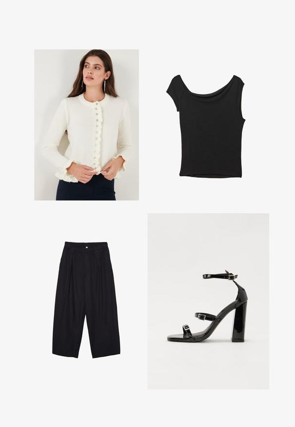 Bela kardigan s nabranim robom in okroglim vratnim izrezom; ima gumbe po sprednji strani in dolge rokave z nabranimi manšetami. Mehek material.; Črna kratka majica s kratkimi rokavi iz gladkega blaga; ima drapiran izrez in asimetrično spodnjo rob, s prilegnjenim telesom.; Črne poliesterske culotte hlače z elastičnim pasom, dvema sprednjima nabiranjema in ohlapnim krojem. Brez vidnih vzorcev ali kovinskih detajlov.; Črne lakirane sandale s peto, kvadratnim prstom, trakovi okrog gležnja in srebrnimi zaponkami. Opremljene so s stabilno Debelo peto.