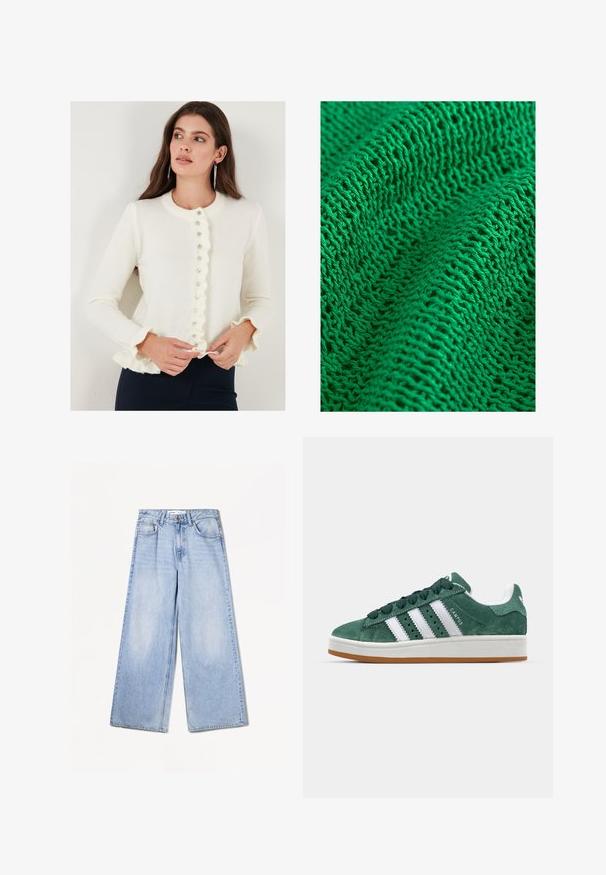 Fehér kardigán fodros széllel és kerek nyakkal; elöl gombos, hosszú ujjú, fodros mandzsettákkal. Puha tapintású.; Zöld kötött textília, amely texturált mintával rendelkezik, laza és nyitott szövésű, finom fonalakkal és több látható öltéssel.; Bershka WIDE-LEG - Széles szárú - light-blue denim; Zöld nubuk sportcipő fehér bőr csíkokkal, gumitalppal, párnázott nyakkal és minimalista dizájnnal. Oldalán márkázással.
