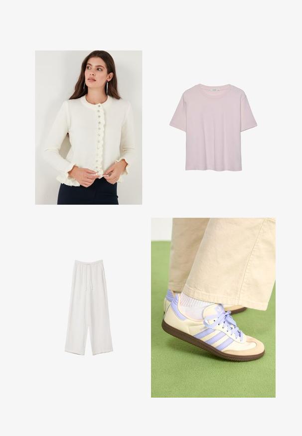 Valkoinen neulecardigan, jossa on röyhelöreuna ja pyöreä kaula-aukko; edessä nappikiinnitys ja pitkät hihat, joissa on röyhelöiset hihansuut. Pehmeä rakenne.; Vaaleanpunainen lyhythihainen t-paita, jossa on pyöreä pääntie, valmistettu pehmeästä kankaasta, rentoa istuvuutta ja suora helma.; Valkoiset leveälahkeiset housut kevyestä kankaasta. Ominaisuuksiin kuuluu elastinen vyötärö, jossa on nauhakuuluma ja sivutaskut. Sileä rakenne.; Kermasilta ja laventelilta näyttävät lenkkarit kolmella raidalla ja teksturoidulla ruskealla pohjalla, varustettuna nauhoilla ja pehmustetulla kantapäällä. Pehmeä kangaspinta.