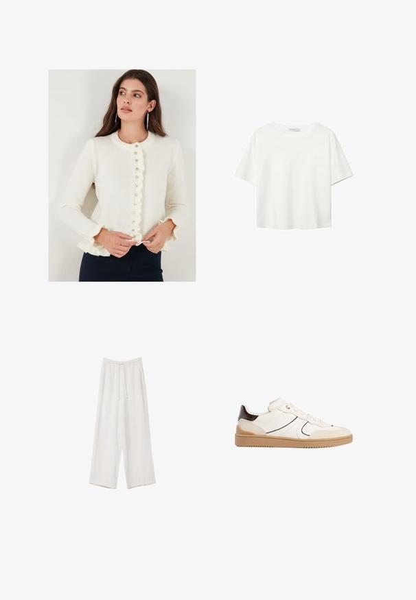 Bijeli kardigan s nabranim rubom i okruglim izrezom; sadrži gumbe sprijeda i dugačke rukave s nabranim manžetama. Mekana tekstura.; Bijela majica kratkih rukava od pamuka. Ima okrugli izrez i opušteni kroj. Glatka tekstura bez vidljivih uzoraka ili naglasaka.; Bijele hlače širokih nogavica napravljene od lagane tkanine. Imaju elastičan pojas s ušicom i bočne džepove. Glatka tekstura.; Stradivarius Tenisice - white