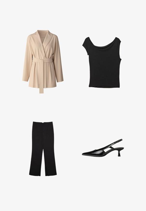 Beige Wickeljacke mit langen Ärmeln, breitem Kragen und Taillengürtel. Weicher, strukturierter Stoff mit gerafftem Detail an der Vorderseite.; Schwarzes Kurzarmoberteil aus glattem Stoff; hat einen drapierten Ausschnitt und einen asymmetrischen Saum, mit einem figurbetonten Körper.; Schwarze Hose mit geradem Schnitt, ausgestattet mit Fronttaschen und Seitenschlitzen am Saum. Hergestellt aus weichem, glattem Stoff. Geeignet für verschiedene Anlässe.; Schwarze Lackleder-Slingback-High Heels mit spitzer Zehenform, ausgeschnittenem Seitendesign und kleinem Blockabsatz. Glatte Textur mit minimalen Akzenten.