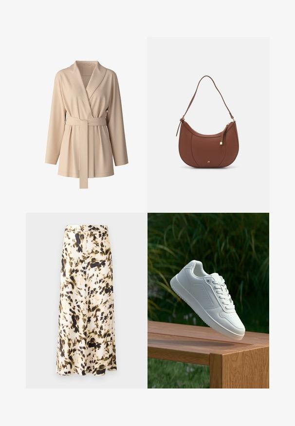 Beige wikkeljack met lange mouwen, brede kraag en tailleband. Zachte, gestructureerde stof met geraffineerd detail aan de voorkant.; Witte korte mouwen blouse met een wikkeldesign, met subtiele draping aan de zoom en een gladde, zachte textuur. Label leest "ANNA FIELD."; Een knielange rok van lichte stof met een abstract patroon in beige, bruin en groen. Heeft een aansluitende tailleband en een vloeiende vorm.; Witte sneaker met een gladde synthetische bovenkant, geperforeerde neus, platte veters en een gestructureerde zool, tentoongesteld op een houten oppervlak.; Bruine faux leren schoudertas met een gebogen vorm, minimale stiksels en een gouden hardware-accent. Voorzien van een bovenste ritsluiting en een verstelbare schouderband.