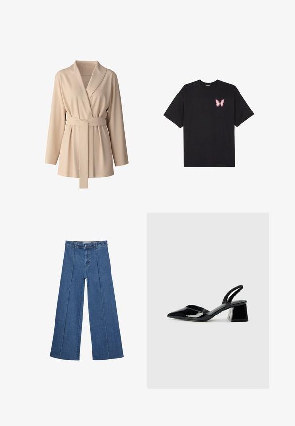 Giacca avvolgente beige con maniche lunghe, colletto ampio e cintura in vita. Tessuto morbido e testurizzato con dettaglio arricciato nella parte anteriore.; T-shirt nera in cotone con maniche corte, caratterizzata da una piccola grafica di una farfalla rosa sul lato sinistro del petto. Design a girocollo con una vestibilità rilassata.; Jeans in denim a gamba larga di blu medio, con vita alta, chiusura con bottone e dettagli delle cuciture verticali a contrasto lungo la parte anteriore.; Décolleté in vernice nera con punta affusolata e tacco in geometria cubica. Presentano un design elegante e minimalista, con una texture liscia.