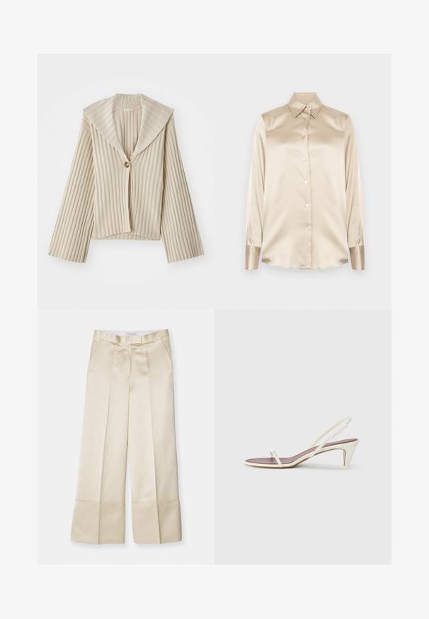 Bezs színű, bordázott felsőkabát széles, kivágott gallérral és egy gombos záródással. Hosszú ujjakkal és texturált anyagból készült.; Beige selyem ing hegyes gallérral, teljes hosszúságú ujjakkal, gombos záródással és enyhén fényes anyagú mandzsettákkal. Minták vagy díszítések nélkül.; Beige széles lábszárú nadrág sima anyagból, magas derékkal, pliszírozott elejével és hajtott szegéllyel, oldalzsebekkel és letisztult kivitelben.; Fehér, pántos szandál enyhe sarokkal, vékony pántokkal és sima bőr textúrával; kis díszítő csattal rendelkezik.