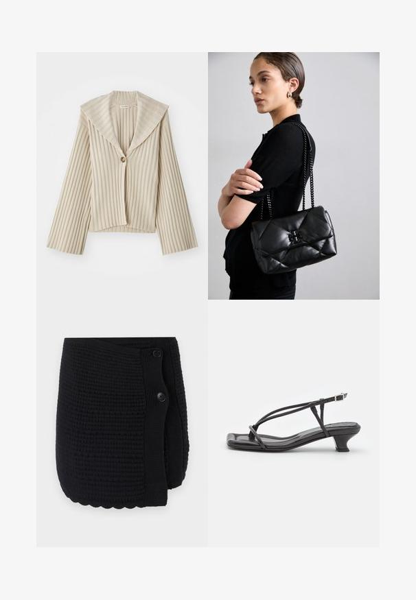 Bež, ribadega lühikese varrukaga jakk, millel on lai lõhiku krae ja ainus nööbiklipp. Omab pikki varrukaid ja tekstuurset kangast.; Mustade lühikeste varrukatega kardigan, mis on valmistatud pehmest kangast, millel on terav krae, nööpkinni ja diskreetne brändimine varrukal.; Mustra musternuga mustriga musterdiskangastusega musternuga, kahe suure nööbi ja lainetava äärisega. Pehme materjal ja mugav disain.; Must must sandaalid, millel on õhukesed rihmad, madal plokknina ja ruudukujuline varvas. Omab kinnitust nahkel ja sile pind.; Mustmust mustrilik nahast käekott ahelkonnaga, millel on esiküljel metallist logo aktsent ja sile pind.