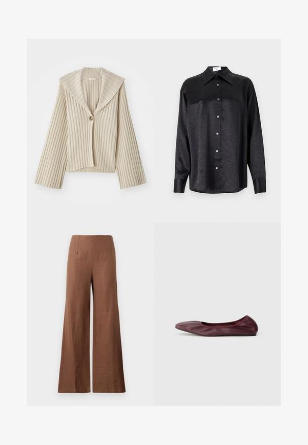 Chaqueta corta de canalé en color beige con un amplio cuello con muesca y un cierre de botón único. Presenta mangas largas y una tela texturizada.; Camisa negra de manga larga con cuello, que presenta una textura arrugada, botón frontal completo y puños. Fabricada en un tejido suave.; Pantalones de pierna ancha marrones hechos de una tela texturizada. Presentan una cintura alta con dos pliegues en la parte delantera y piernas rectas y fluidas.; Bailarina en cuero burdeos profundo, con punta redondeada, borde elástico y textura suave con un sutil detalle de pliegues.