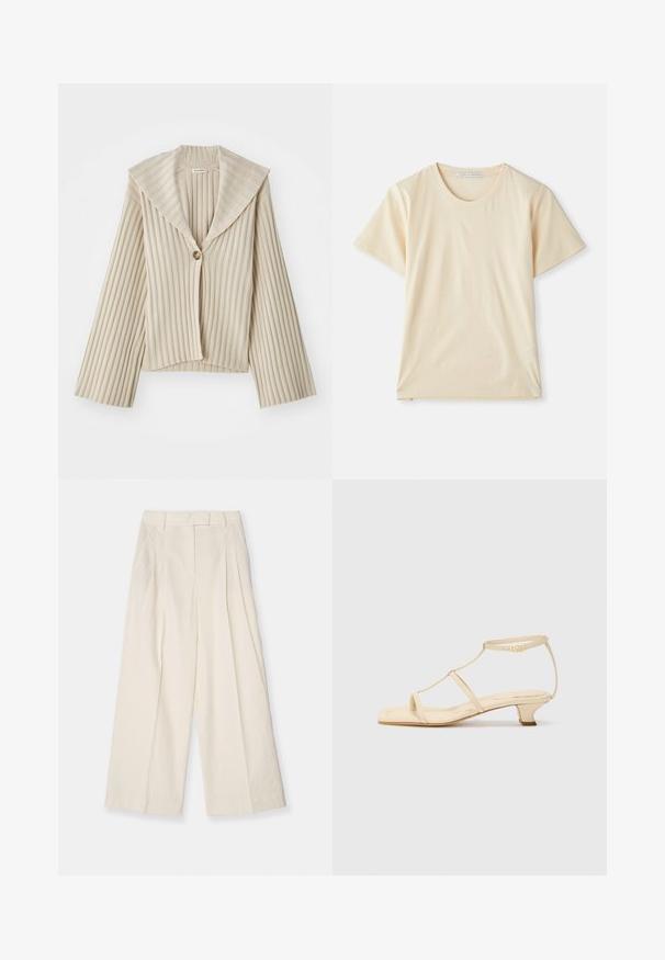 Chaqueta corta de canalé en color beige con un amplio cuello con muesca y un cierre de botón único. Presenta mangas largas y una tela texturizada.; Camiseta de color crema, hecha de algodón suave y ligero, con mangas cortas y cuello redondo. Sin patrones ni acentos visibles.; Pantalones de pierna ancha en tela texturizada color crema. Presentan una cintura alta con pliegues, trabillas para cinturón y un diseño limpio y minimalista.; Sandalias de tacón en color beige con diseño de tira en T, puntera cuadrada, correa ajustable en el tobillo y un tacón bajo y cuadrado. Material de cuero suave.