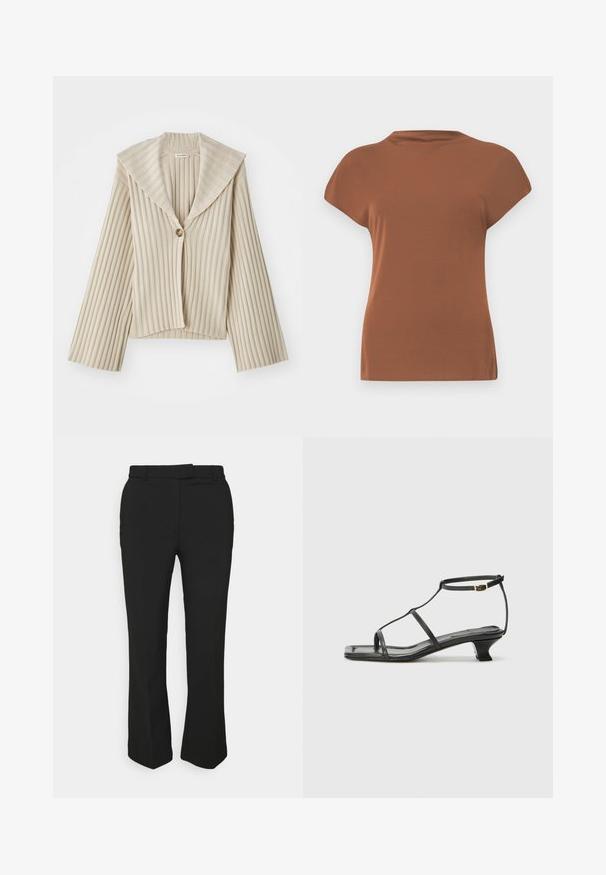 Beige, geripptes, kürzer geschnittenes Jacket mit breitem Reverskragen und einer einzelnen Knopfverschlüsse. Hat lange Ärmel und einen strukturierten Stoff.; Braunes Kurzarmoberteil aus weichem Stoff, mit rundem Ausschnitt und lockerer Passform, mit glatter Textur und ohne sichtbare Muster.; Schwarze, maßgeschneiderte Hose mit geradem Bein, ausgestattet mit Gürtelschlaufen und Seitentaschen. Hergestellt aus glattem Stoff mit sauberem Finish.; Schwarze Ledersandale mit quadratischer Zehenpartie, dünnen Riemen, verstellbarem Knöchelriemen und einem niedrigen Absatz. Mit einem kleinen goldenen Akzent am Riemen.