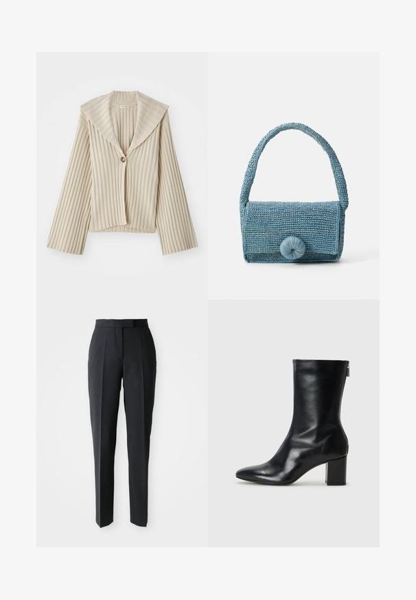 Giacca corta beige a coste con ampio colletto a rever e chiusura a un bottone. Presenta maniche lunghe e tessuto testurizzato.; Top nero a maniche corte con scollatura alta e vestibilità morbida. Realizzato in tessuto morbido con una superficie liscia. Nessun motivo o grafica visibile.; Pantaloni neri su misura a gamba dritta con vita alta e pieghe frontali, esposti su uno sfondo chiaro e uniforme.; Stivale alla caviglia in pelle nera con punta affusolata e tacco a blocco di 4 cm. Design elegante con cerniera laterale per una facile calzata. Tessuto liscio.; Borsa blu intrecciata con superficie texturizzata, forma rettangolare, manico corto e un grande dettaglio di chiusura rotonda sul davanti.