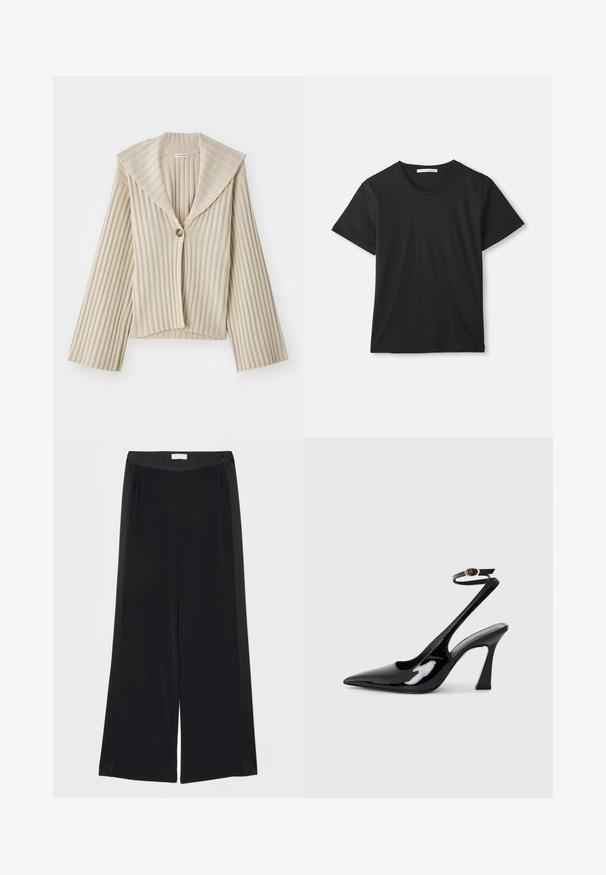 Bezs színű, bordázott felsőkabát széles, kivágott gallérral és egy gombos záródással. Hosszú ujjakkal és texturált anyagból készült.; Fekete, rövid ujjú, kerek nyakú pamut póló, laposan elhelyezve fehér háttéren, látható márkajelzéssel a gallér belső részén.; Széles lábú fekete nadrág sima anyagból, lapos derékkal, redőkkel és oldalsó zsebekkel. Tiszta vonalak minimális díszítéssel.; Fekete lakk bőrből készült, slingback magas sarkú cipők, hegyes orral, állítható bokapánttal és mérsékelt tömbsarkal. Simább textúra, fényes felület.