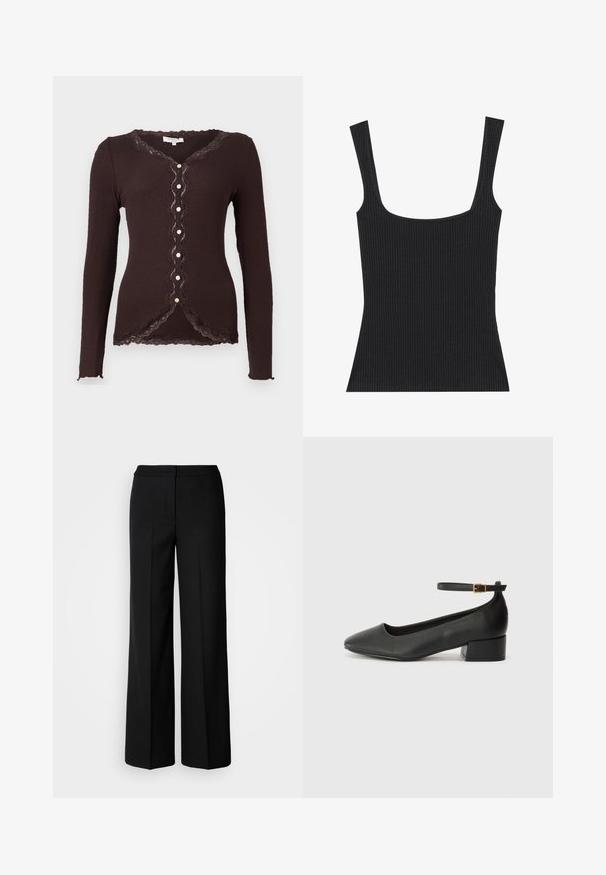 Brown ribbed long-sleeve cardigan with lace trim and scalloped edges, featuring a V-neckline and seven button closures down the front.; Black ribbed tank top with a square neckline and slim, adjustable straps. The fabric features a textured pattern and a fitted design.; Black wide-leg trousers with a smooth fabric, featuring a high waist, tailored seams, and a minimalist design. No visible hardware or pockets.; Black leather pump with a pointed toe and a low block heel. Features an ankle strap with a gold-tone buckle. Smooth texture.