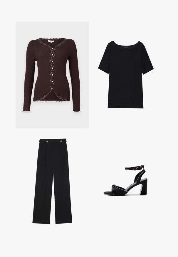 Pruun ribatatud pikakäiselise kardigani, millel on pitsist äär ja lainelised servad, V-kaelus ning seitsme nupuga kinnitused esiosas.; Must have lühikeste varrukatega must T-särk, millel on avar kaelus. Valmistatud pehmest ja kergest kangast. Lihtne disain, ilma mustrite või lisanditeta.; Mustad laiad püksid kõrge vöökoha ja nööpdetailidega vööandil, esikortsudega.; Mustad nubukist kontsad mustade sandaalide avatud varvastega disain, laia ploki kontsaga ja reguleeritava pahkluu rihmaga, millel on kontrastne õmbluste detail.