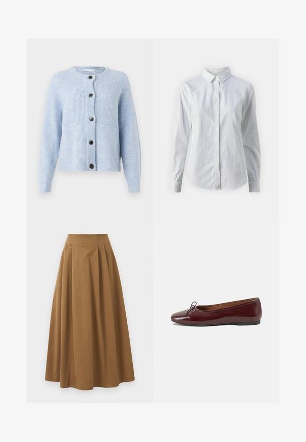 Világoskék kardigán, puha, bordás anyagból készült, kerek nyakkivágással, hosszú ujjakkal és hat fekete gombbal az elején.; Fehér, sima pamutből készült gombos ing, klasszikus gallérral, hosszú ujjakkal és ívelt hemvéggel. A gombok kicsik és fehérek.; Barna pamut A-vonalú szoknya magas derékkal, elöl pliszézett és sima textúrával. Az alsó szegélyek letisztultak és egyszerűek.; Burgundi lakkbőr balettcipő kerek orral, elöl kis masni díszítéssel és alacsony, fekete gumi talppal. Simára csiszolt felület.