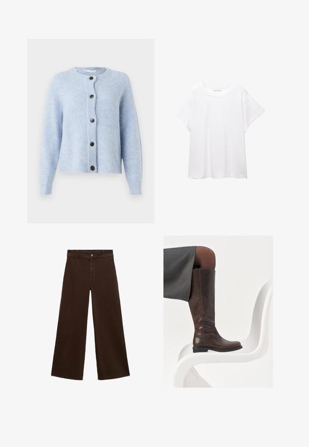 Svetlo modri kardigan iz mehkega, rebrastega materiala, z okroglo ovratnico, dolgimi rokavi in šestimi črnimi gumbi spredaj.; Bela majica s kratkimi rukavi, izdelana iz mehkega in lahkega blaga. Ima okroglo ovratnico ter kratke, široke rokave z udobnim krojem. Brez vidnih vzorcev.; Rjave široke hlače iz mešanice bombaža, z raztrganim robom, sprednjim gumbom in klasičnim dizajnom s petimi žepi. Minimalistične in vsestranske.; Rjave usnjene škornje do kolen z zaobljenim nosom, gladko teksturo in minimalnimi šivi, postavljeni na svetlo ozadje na belem stolu.