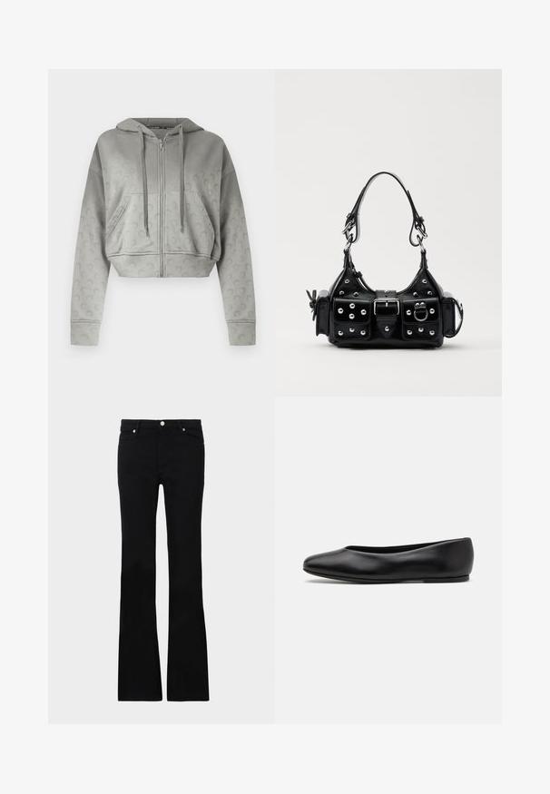Gray cropped hoodie with a zip front, featuring a soft texture and subtle repeated logo pattern on sleeves and body. It has a drawstring hood.; Black short-sleeve t-shirt made of cotton, featuring a crew neckline and a small logo on the left chest. Smooth texture and relaxed fit.; Black flared jeans made of denim, featuring two front pockets, a button closure, and a smooth texture. Signature stitching visible at seams.; Paul Smith TOPANGA - Ballet pumps - black; Black leather handbag with a curved design, featuring silver studs, a buckle, and two side pockets. Adjustable strap for carrying options.