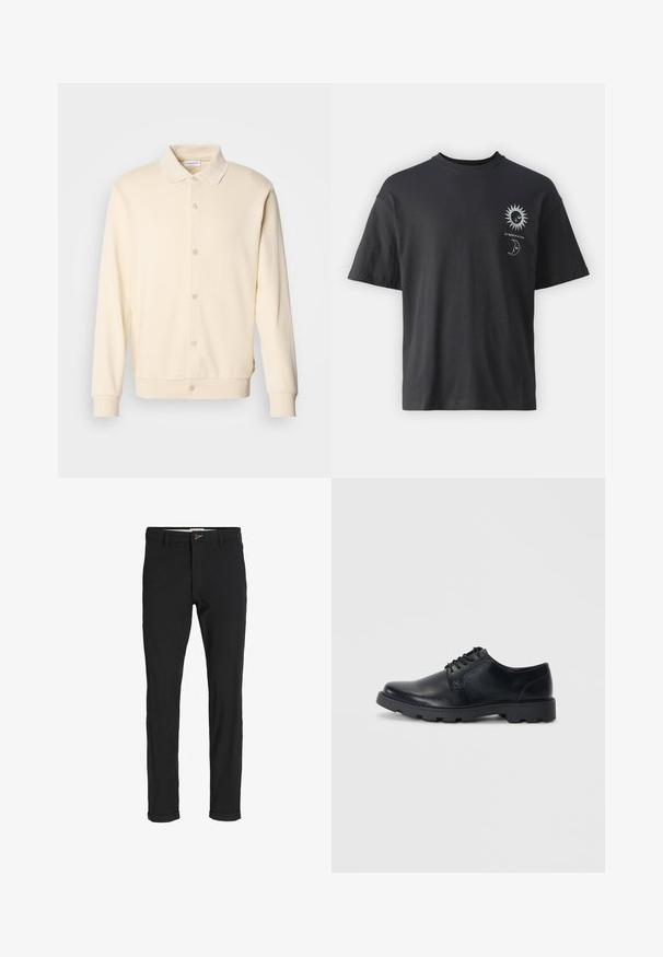 Kremskrāsas pogājama džemperis ar garām piedurknēm, apkakli un ribotām aprocēm. Gluda tekstūra, minimālistisks dizains.; Melna kokvilnas t-krekls ar īsām piedurknēm, apaļu apkakli un priekšpusē attēlotiem saules un mēness grafikas, kopā ar tekstu "Le Soleil et La Lune."; Melnas kokvilnas maisījuma bikses ar šauru piegriezumu, ar pogu aizdari, kabatām un rullētām piedurknēm ikdienišķam izskatam.; Melnas ādas auklējamas kurpes ar noapaļotu purngalu, zemu profilu gumijas zoli un smalku šuvju detalizāciju gar malām.