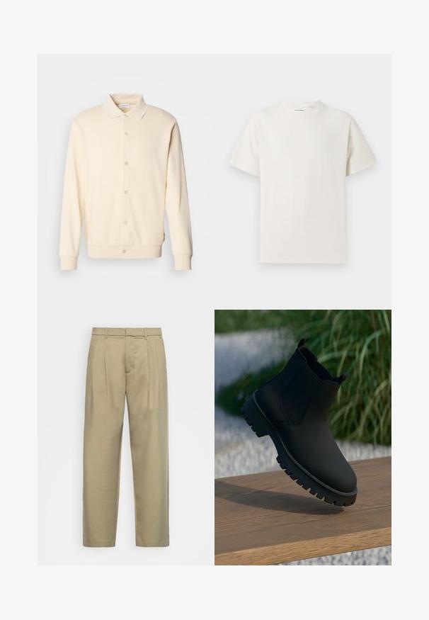 Kremfarget skjortegenser med lange ermer, krage og ribbede mansjetter. Glatt tekstur, minimalistisk design.; Hvit T-skjorte med kort erm i ribbestrikket tekstur. Rund hals, avslappet passform, ingen synlige mønstre eller detaljer. Enkelt og allsidig design.; Beige, høytlivs bukser med rett snitt, med flat front, sidelommer og et jevnt, strukturert stoff.; Sorte ankelstøvler med en glatt finish, elastiske sidepaneler og en tykk, robust såle. Plassert mot en naturlig bakgrunn på en tresurface.