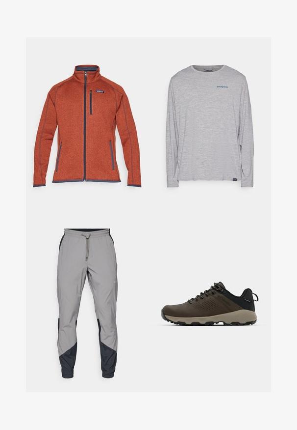 Patagonia BETTER SWEATER - Lukuga pusa - burnished red; Heledhalli pikkade varrukatega t-särk, mis on valmistatud pehmest, tekstureeritud kangast. Omab ümberkaela lõiget ja väikest sinist Patagonia logo rinna peal.; Kergedatud hallid sportlikud püksid mustade aktsentidega. Elastne vöökoht, stringiga sulgemine, kitsenev jala disain ja küljetaskud.; Kohandatud veekindlad pruunid spordijalatsid tekstuuriga pealisega, perforatsioonidega detailid, must kandetoetav osa ja hall kummine sisetald. Paelad on metallist otstega.