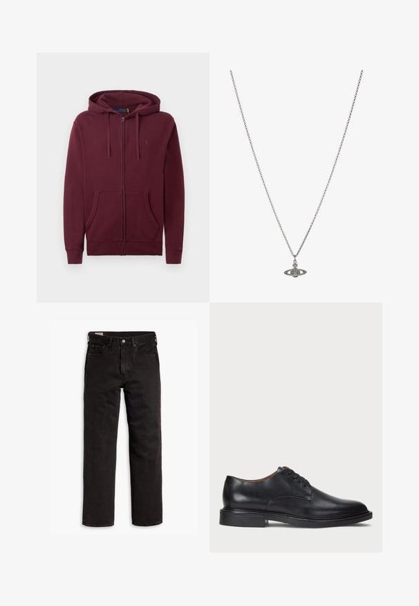 Sweatshirt zip-up em bordeaux com capuz ajustável, bolsos frontais e logo bordado discreto no peito, em contraste com um fundo branco.; T-shirt preto de algodão com decote redondo e mangas curtas. Apresenta um logo discreto na parte da frente e uma barra reta. Design simples e minimalista.; Jeans de denim pretos de perna reta com cinco bolsos, fecho de botão e passantes para cinto, dispostos em uma superfície branca.; Sapato de vestido em couro preto com bico redondo, design com atacadores e um salto baixo empilhado. Textura suave com detalhes de costura mínimos.; Colar de corrente prateada com um pendente detalhado em forma de planeta, adornado com pequenos detalhes e padrões intrincados.