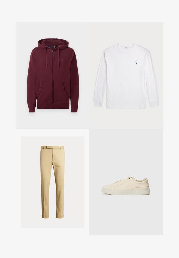 Sweatshirt zip-up em bordeaux com capuz ajustável, bolsos frontais e logo bordado discreto no peito, em contraste com um fundo branco.; Camisola de manga longa branca feita de algodão. Apresenta um decote redondo, punhos canelados e um pequeno logótipo de polo azul-marinho no lado esquerdo do peito.; Chinos caqui feitos de um tecido de algodão suave, com um design ajustado, pregas frontais e punhos no tornozelo para um visual afinado.; Sneakers de pele bege com biqueira arredondada, design minimalista, detalhes de costura subtis e parte superior texturizada, em sola clara.