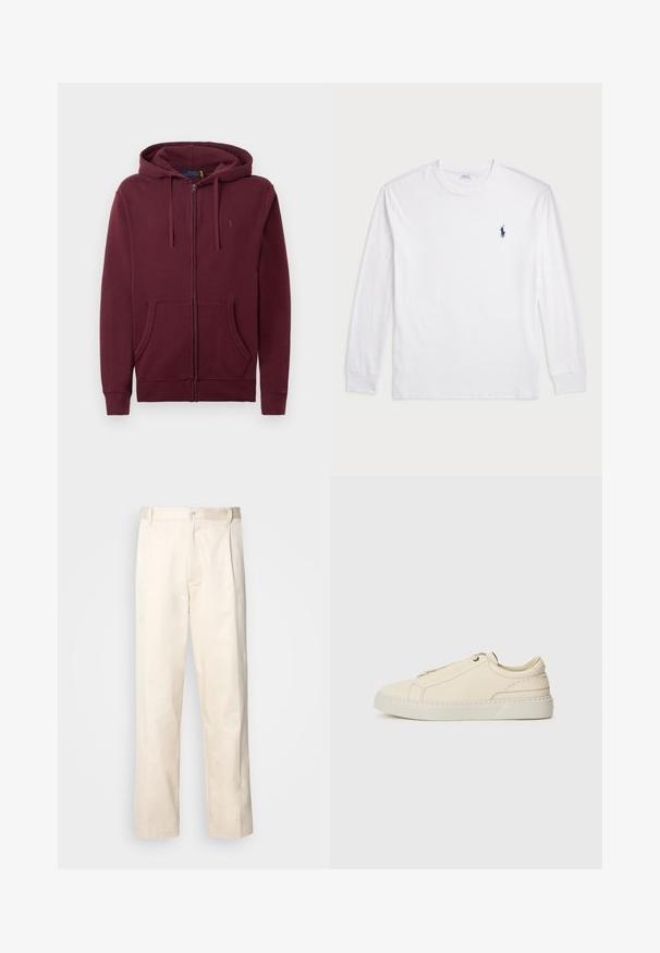 Purpursarkans ar rāvējslēdzēju un pievilkšanas kapuci, priekšējām kabatām un sirsnīgi izšūtu logotipu uz krūtīm uz baltā fona.; Baltas garām piedurknēm T-krekls, izgatavots no kokvilnas. Tam ir apaļa kakla izgriezne, ribotas piedurknes un neliels tumši zilas polo logo kreisajā krūtī.; Bežā krāsā auduma bikses ar taisnu kāju griezumu, pievienotām pogu aizdares un priekšējiem krokām papildu detaļām.; Bežīga ādas kedas ar noapaļotu purngalu, minimālistisku dizainu, smalkiem stīgām un teksturētu virsmu uz gaišas zoles.