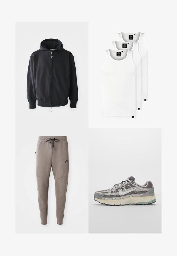 Fekete cipzáras kapucnis pulóver puha, texturált anyagból. Jellemzői: kapucni, oldalsó zsebek és bordázott mandzsetták és alj. Hímzett logó az elején.; Három fehér csíkos pamut trikó. Felső része kerek nyakkivágású, és a szegély közelében kis fekete címkék találhatók. Több méretben elérhető.; Szürke Nike melegítőnadrág húzózsinórral a deréknál, keskeny lábakkal, oldalsó zsebekkel és jellegzetes varrás részletekkel. Puha, texturált anyag.; Szürke sportcipő, hálós és velúr felsőrésszel, fehér részletekkel, párnázott talppal és jellegzetes dizájnnal, amely visszaverő elemeket tartalmaz.