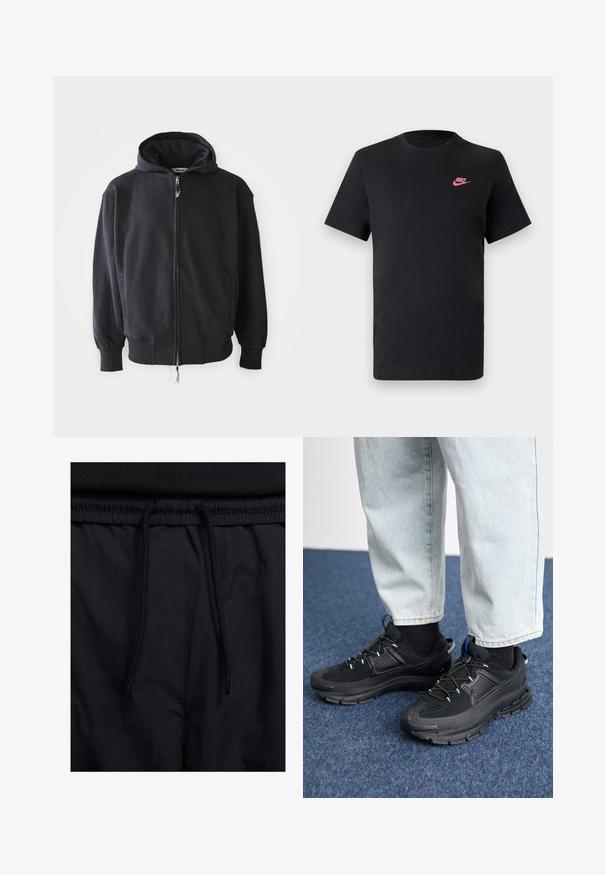 Crna zip majica s kapuljačom izrađena od mekog, teksturiranog materijala. Ima kapuljaču, bočne džepove i rebraste manžetne i donji rub. Ispred je izvezeni logotip.; Crna pamučna majica s okruglim izrezom i kratkim rukavima. Ima ružičasti Nike logo na gornjoj lijevoj strani. Glatka tekstura.; Crne kratke hlače s pojasom na vezanje, lagani materijal s glatkom teksturom i jednostavan dizajn bez vidljivih logotipa ili uzoraka.; Crne atletske cipele s teksturiranom tkaninom i gumene potplate, s elastičnim vezicama i plavim akcentom na peti. Nosene su s svijetlim trapericama.