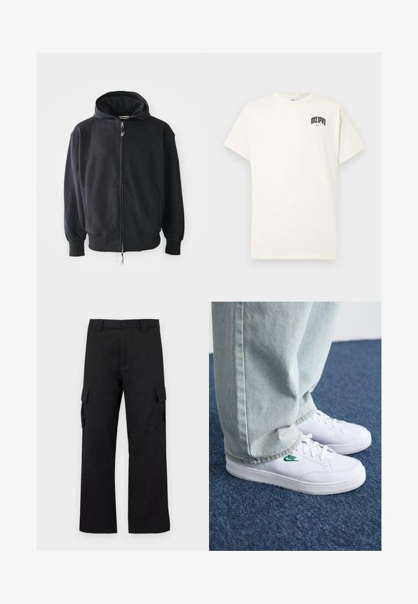 Fekete cipzáras kapucnis pulóver puha, texturált anyagból. Jellemzői: kapucni, oldalsó zsebek és bordázott mandzsetták és alj. Hímzett logó az elején.; Krém színű pamut póló rövid ujjakkal, fekete és piros "NIKE SB" felirattal a mellkasán. Standard kerek nyakkivágással.; Fekete cargo nadrág egyenes szárú kialakítással. Tartós anyagból készült, két oldalzsebbel, tépőzáras fedéllel és gombos zipzárral.; Fehér bőr sportcipők zöld Nike logóval, kerek orral, lapos talppal, világoskék farmernadrággal párosítva, kék szőnyegen bemutatva.