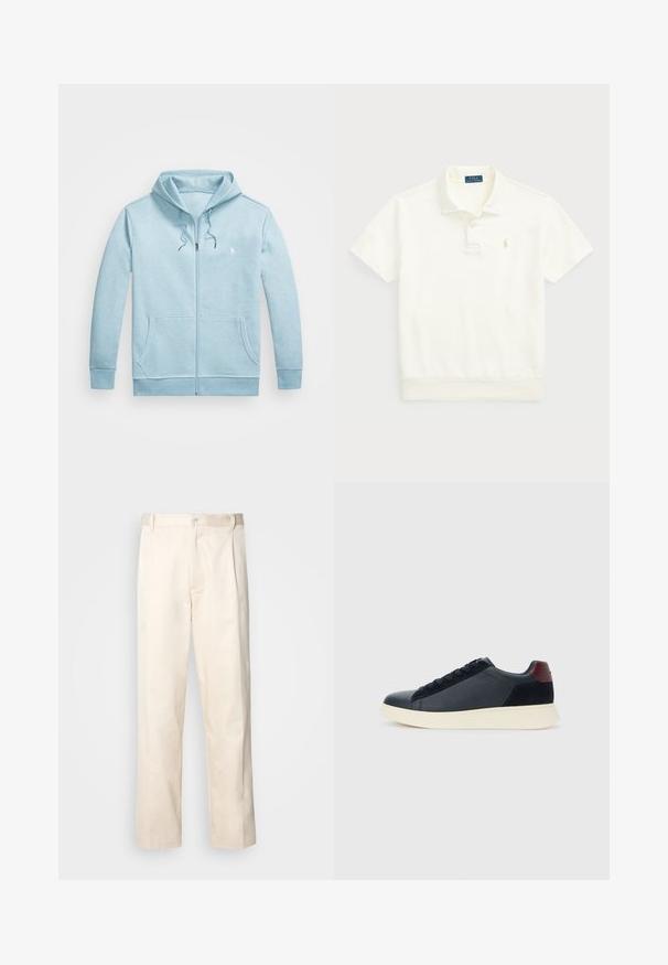 Polo Ralph Lauren Big & Tall DOUBLE-KNIT FULL-ZIP HOODIE - Camisola com fecho - modern blue heather; Polo Ralph Lauren LOOPBACK FLEECE POLO-COLLAR SWEATSHIRT - Polo - clubhouse cream; Calças de algodão bege com corte reto, apresentando um fecho de botão e pregas na frente para um detalhe adicional.; Sapatilha baixa masculina em couro preto e camurça com aba de calcanhar em amarelo-escuro e sola de borracha branca, vista do lado exterior.