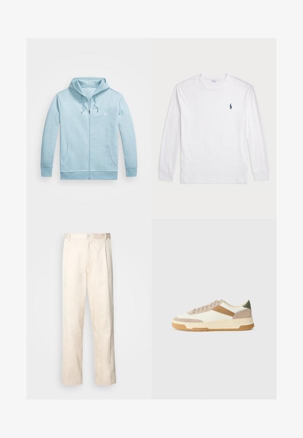 Polo Ralph Lauren Big & Tall DOUBLE-KNIT FULL-ZIP HOODIE - Športna jopa s kapuco na zadrgo - modern blue heather; Bela dolga majica s dolgimi rokavi iz bombaža. Ima okroglo ovratnico, rebraste manšete in majhen temno moder polo logo na levem prsnem delu.; Bež cottone hlače s ravnim krojem, ki imajo gumbasto zapiranje in nabore spredaj za dodatne detajle.; Superge v bež, kremni in olivno zeleni barvi, izdelane iz semiša in usnja, z okroglo kapico, minimalističnim dizajnom in gumijastim podplatom.